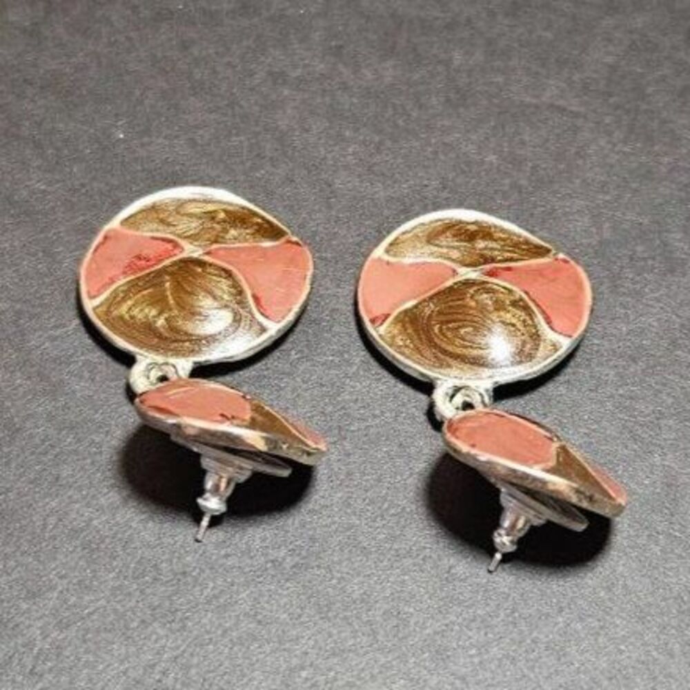 Vintage silver tone round enamel dangling earrings - Picture 6 of 8